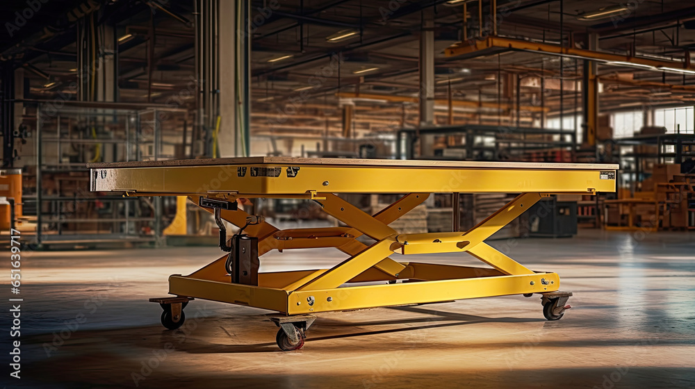 A large sized hydraulic lift table being used in a large warehouse..Generative Ai