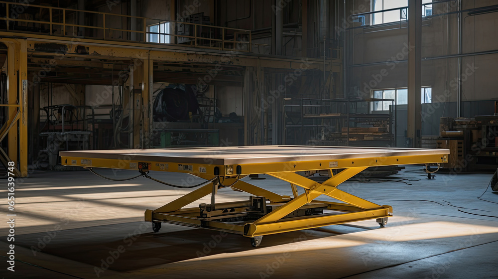 A large sized hydraulic lift table being used in a large warehouse..Generative Ai