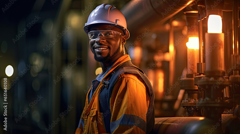 African american young man petrochemical engineer working at night Inside oil and gas refinery plant factory. Generative Ai.