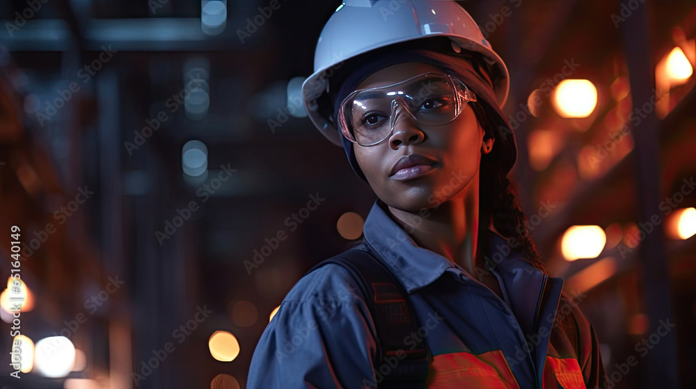 African american young woman petrochemical engineer working at night Inside oil and gas refinery plant factory. Generative Ai.