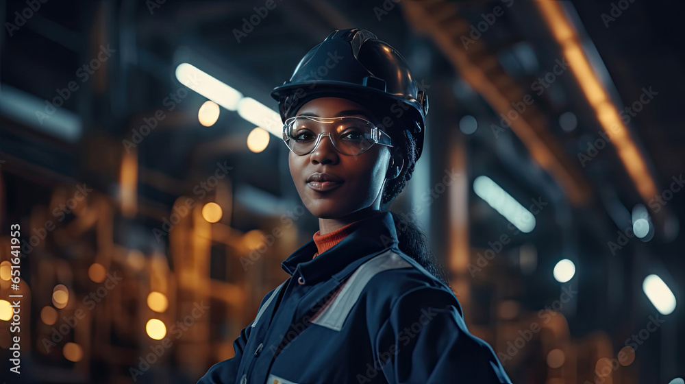 African american young woman petrochemical engineer working at night Inside oil and gas refinery plant factory. Generative Ai.