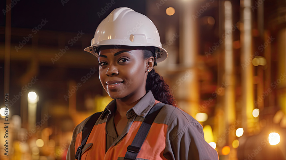 African american young woman petrochemical engineer working at night Inside oil and gas refinery plant factory. Generative Ai.