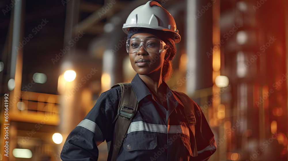 African american young woman petrochemical engineer working at night Inside oil and gas refinery plant factory. Generative Ai.