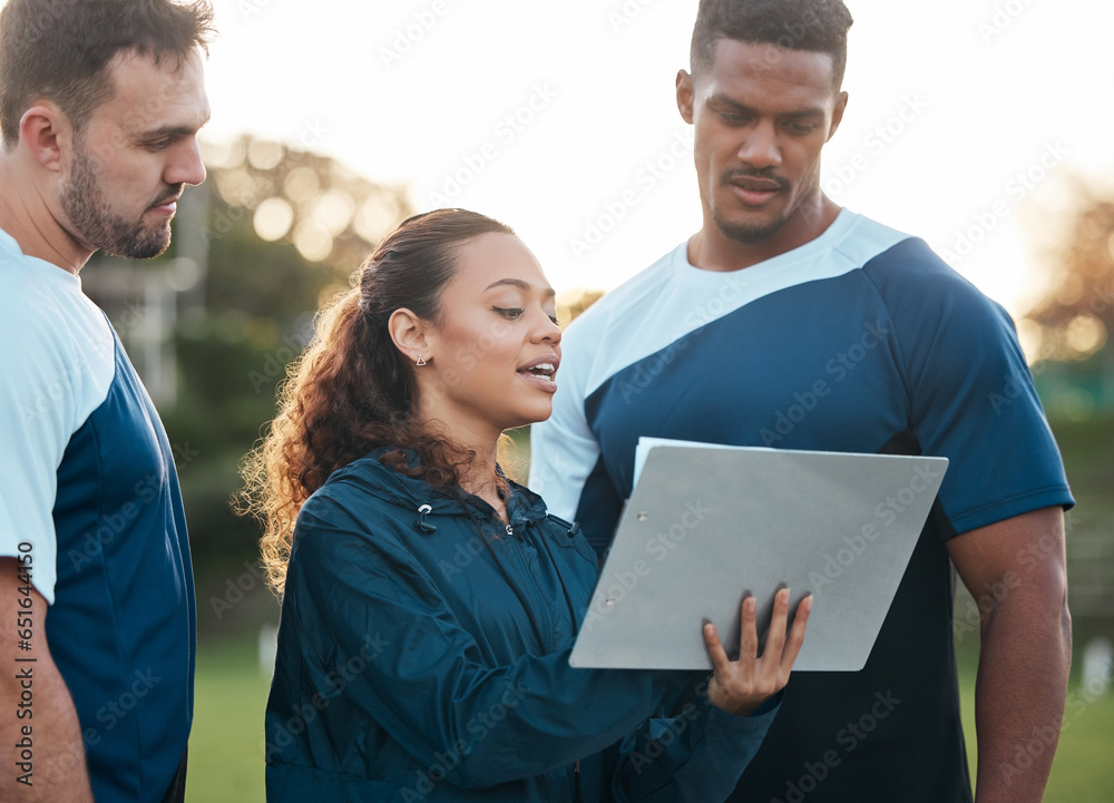 Coach, sports and woman with notebook for team training, exercise and workout schedule outdoors. Fitness, teamwork and trainer with men and notes for planning game strategy, match and competition