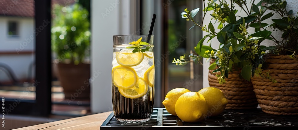 Welcome mat placed outside entry door with plants and lemon ice drink