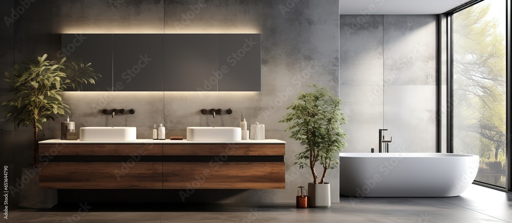 bathroom with gray walls wooden floor double sink and mirror