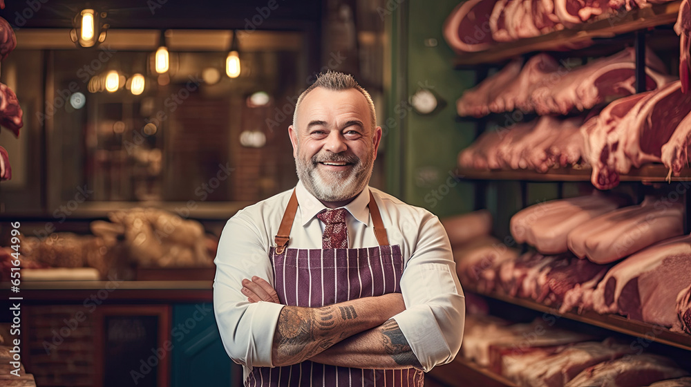 Portrait of A happy butcher standing with arms crossed in modern meat shop. Generative Ai