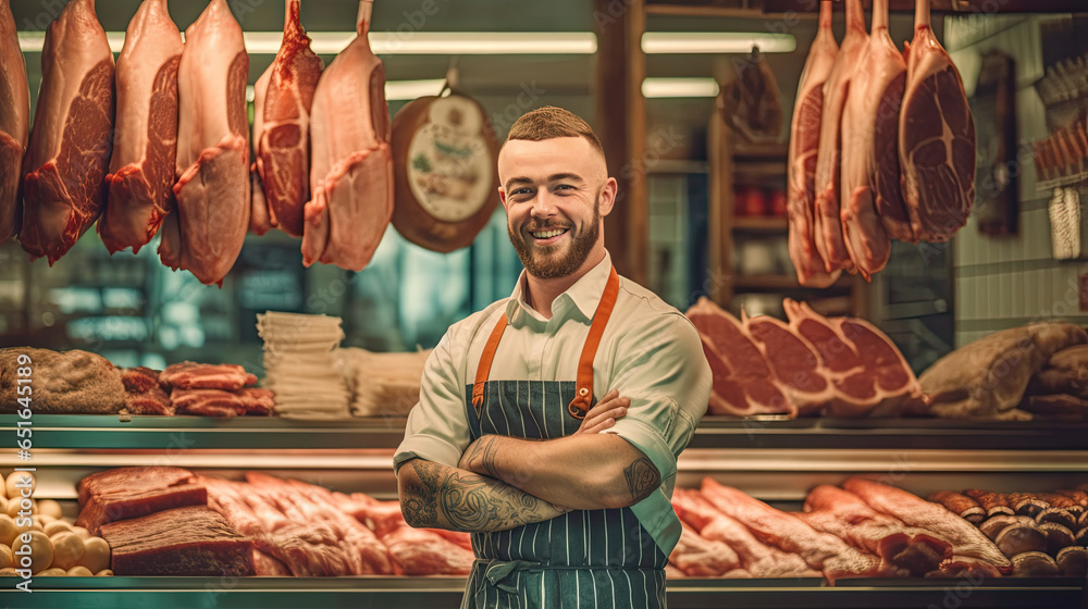 Portrait of A happy young male butcher standing with arms crossed in modern meat shop. Generative Ai