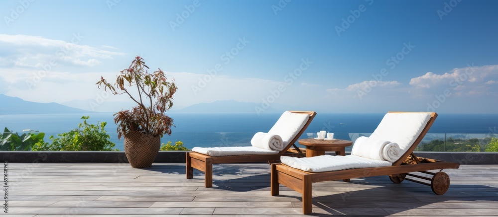 A pair of patio seats on a luxurious wooden deck