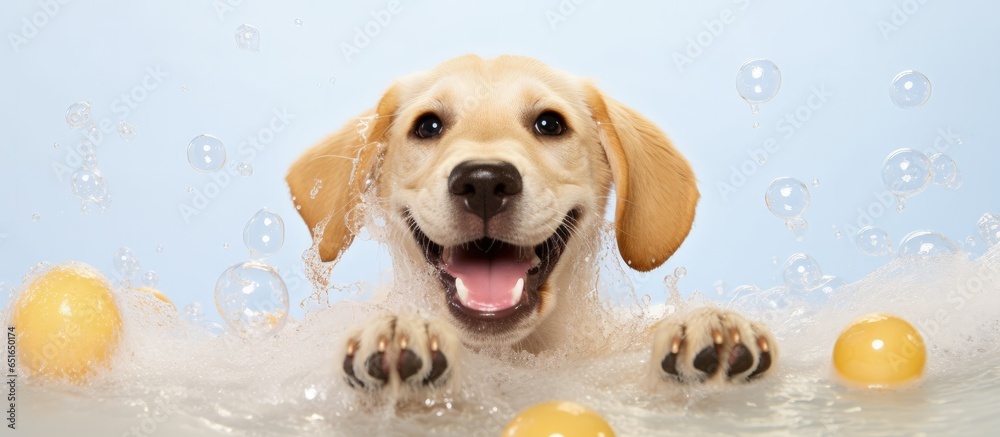 Yellow labrador retriever enjoying a bubble bath