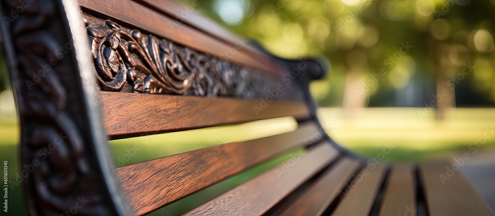 Close up of sections of a bench in a brown wooden park garden