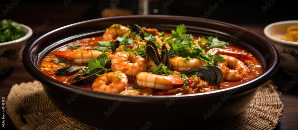 Authentic traditional Portuguese seafood soup in red bowl with close up focus