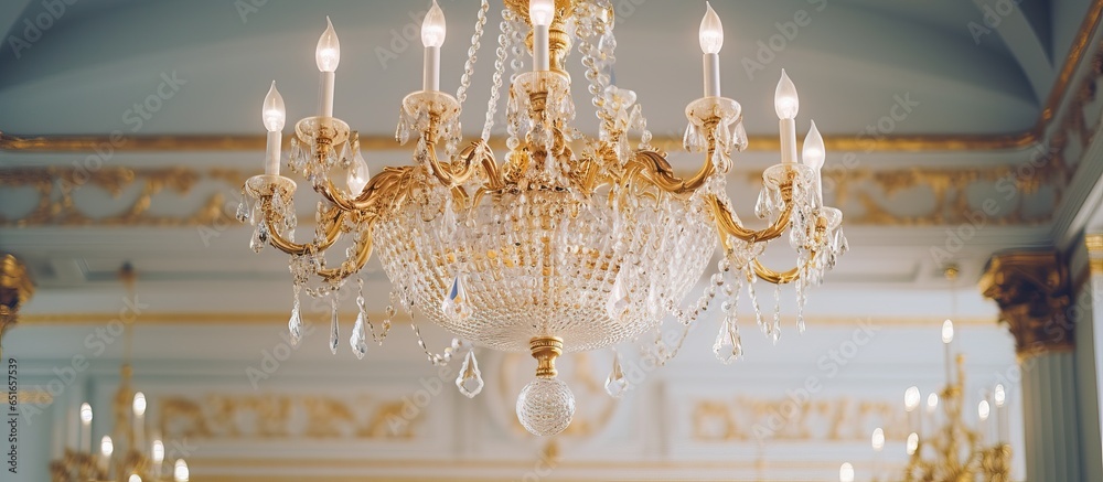 A lavish chandelier with gold plating and white candles adorns an upscale hotel ceiling