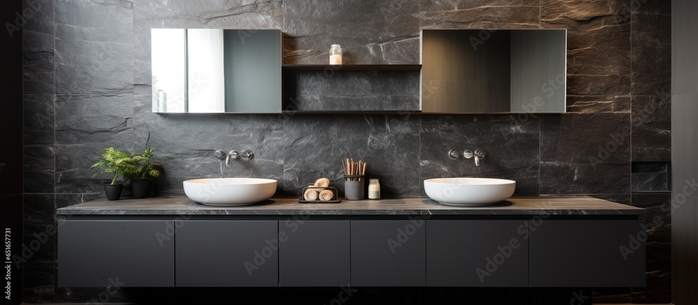 Modern bathroom with counter top washbasins mirrors and dark grey stone walls captured from inside