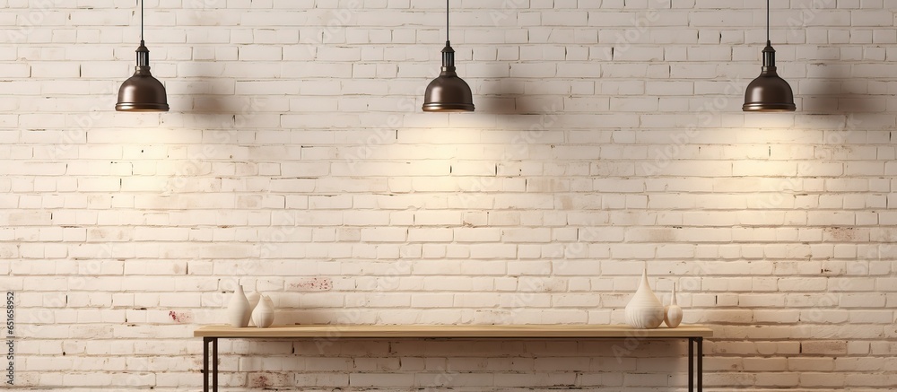 a room with three lamps white brick wall and beige wooden floor