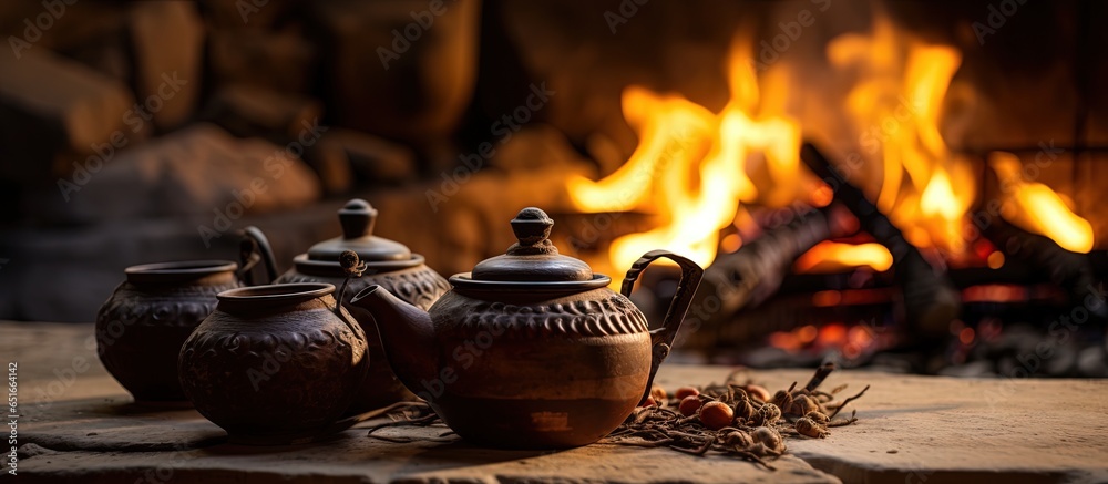 Arabic beverage containers by the desert fireplace in Riyadh Saudi Arabia