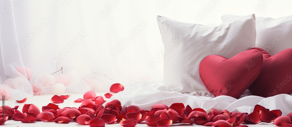 Valentine s Day bed adorned with red rose petals