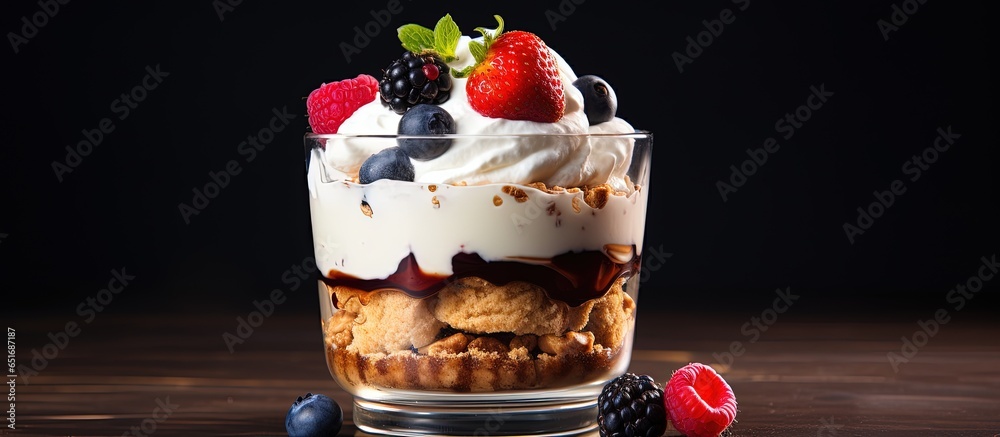 Healthy vegan dessert with berries cream and biscuit