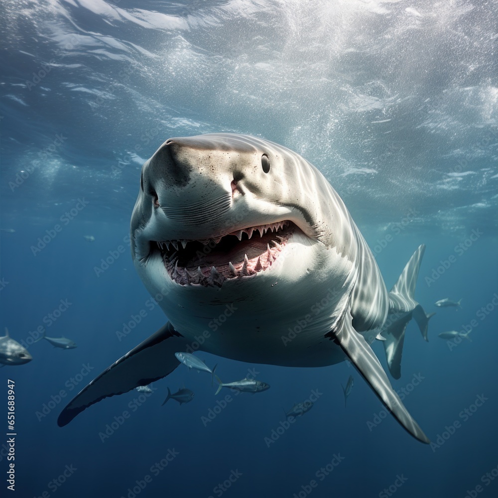 Angry shark in blue ocean