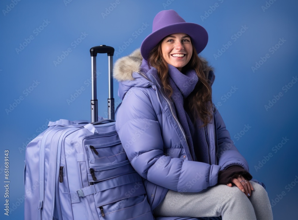 Woman in winter hat on skis smiling with luggage on blue background