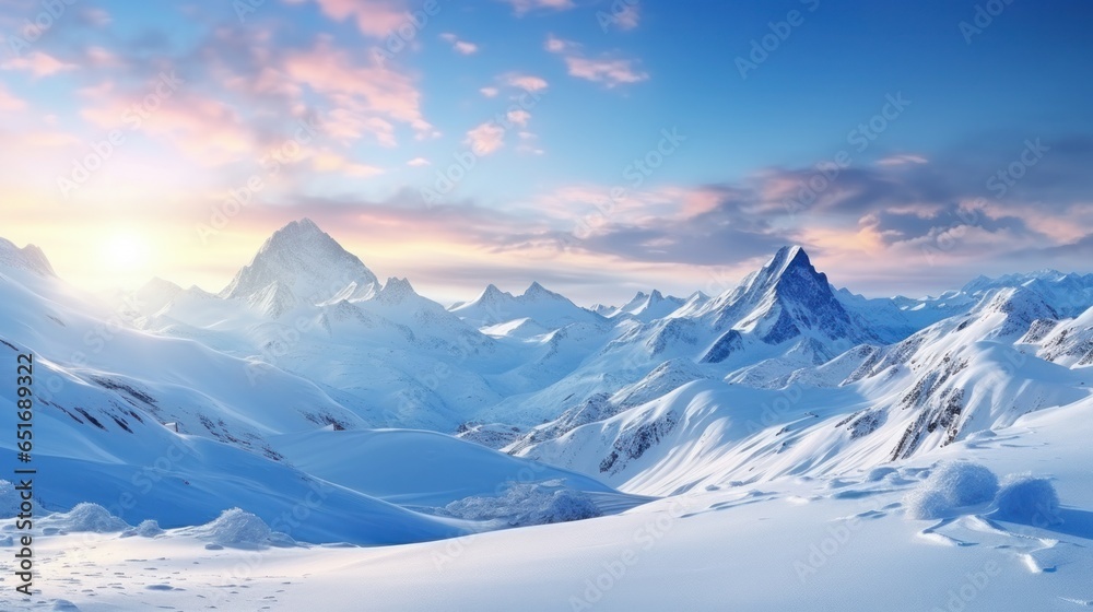 Winter mountains with rising sun