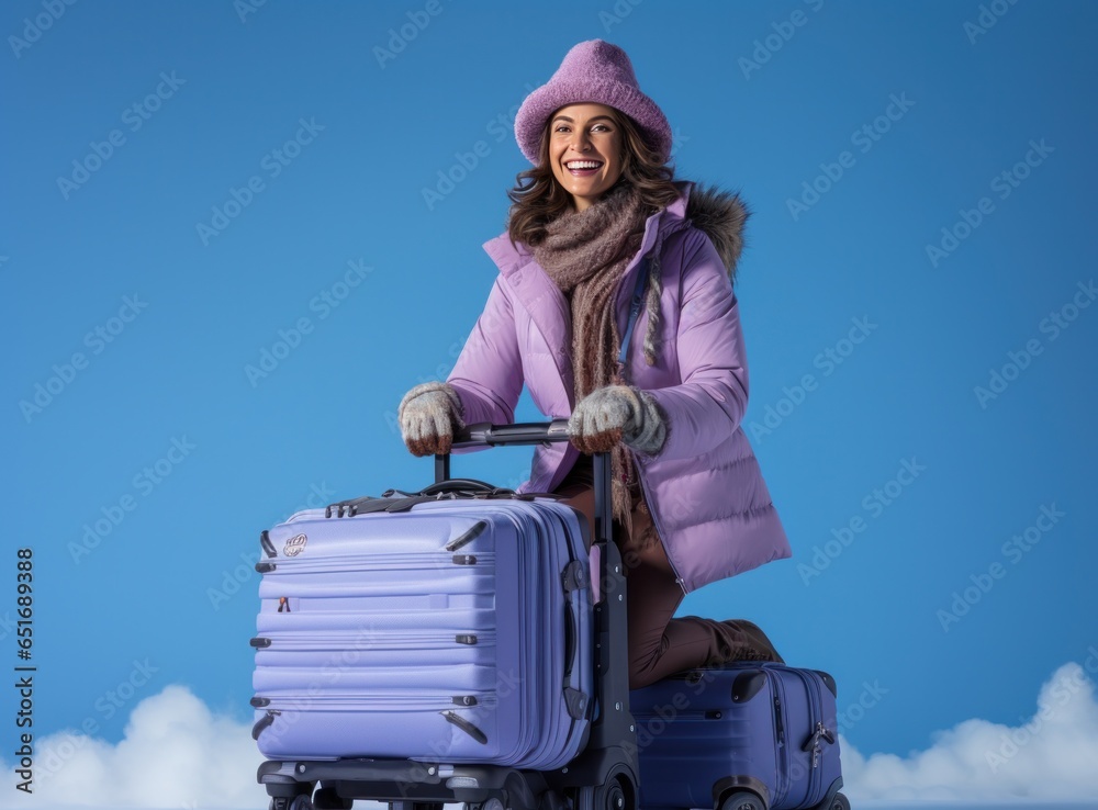 Woman in winter hat on skis smiling with luggage on blue background