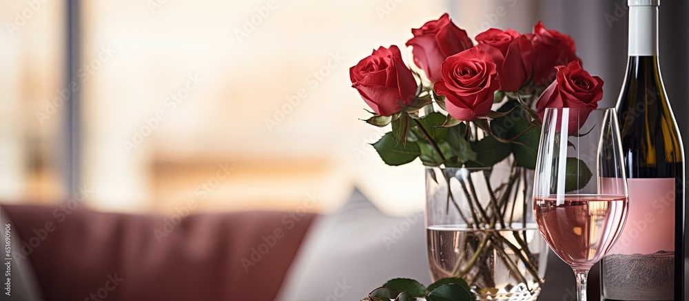 Valentine s Day decorated living room with vases flowers and wine glasses on table