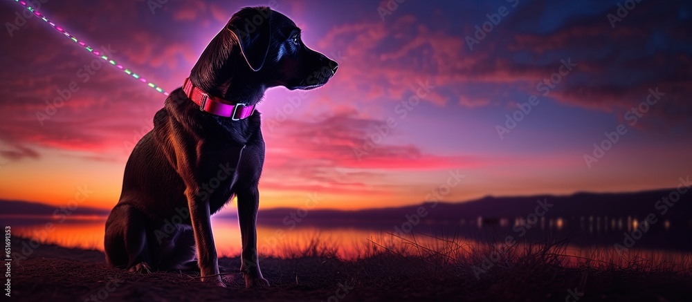 Dog on leash wearing LED collar silhouetted against sunset for safe evening walk