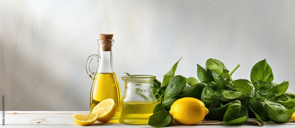 Healthy cooking at home with fresh spinach olive oil and citrus squeezer on white kitchen table