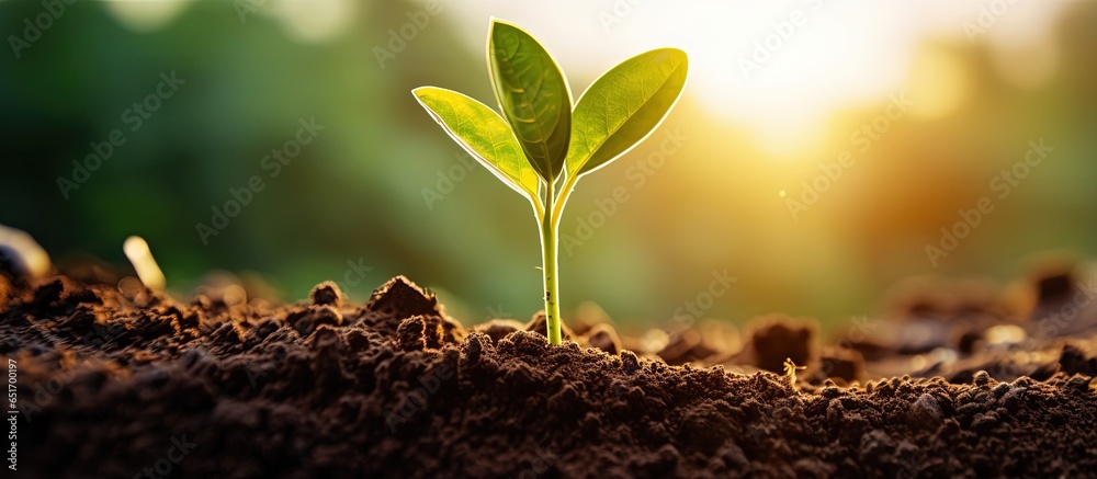 Seedlings are thriving in fertile soil under morning sunlight depicting plant growth and ecological progress