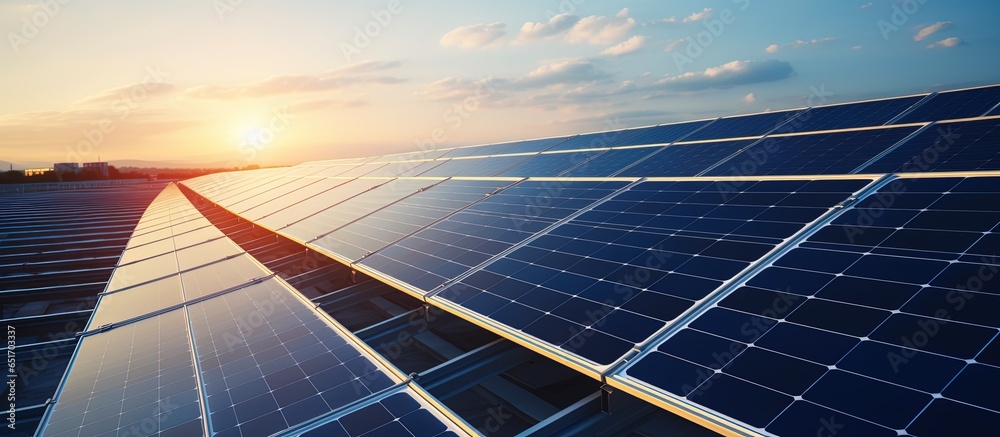 Solar panels on roof generate clean energy at sunset renewable energy concept