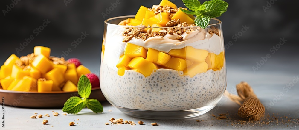 Healthy vegan breakfast with chia seed pudding fresh mango granola on light wooden table Clean eating and superfoods concept