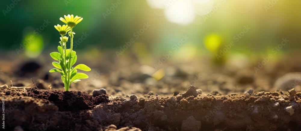 Garden with growing seedlings and watering can Gardening hobby