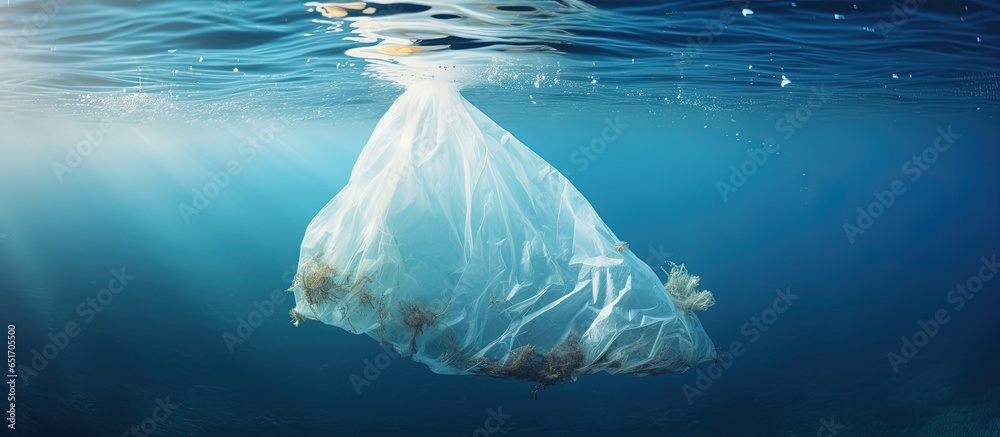 Melting plastic bag in ocean disperses waste symbolizes sea pollution and global warming