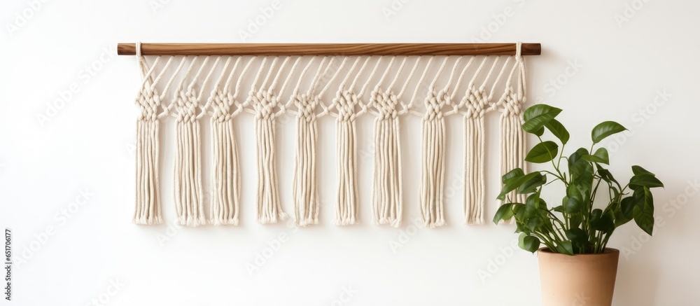 Handmade macrame wall decoration with wooden stick hanging on white wall feminine hobby eco friendly modern knitting in interior copy space