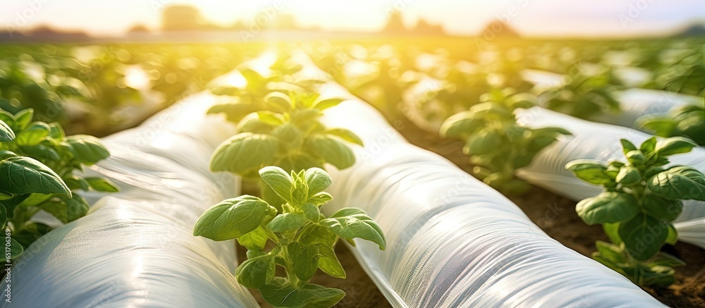 Potato plantation field uses fabric for greenhouse effect protecting young plants from frost