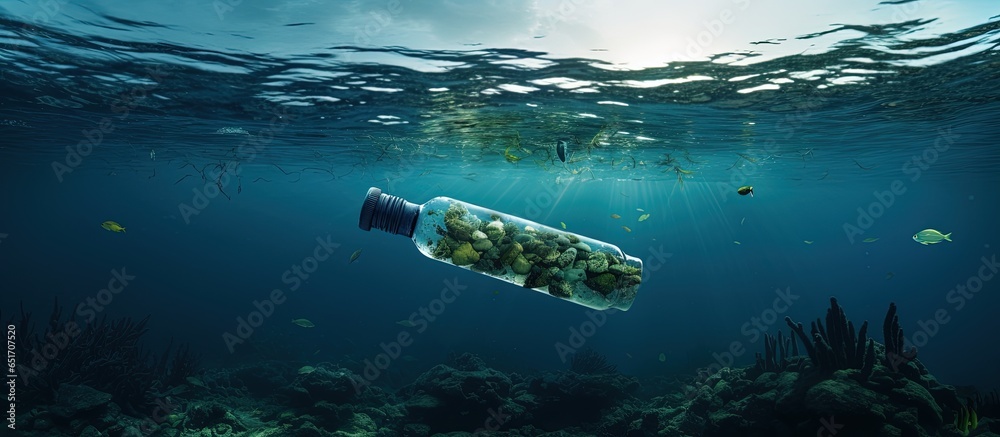 Underwater issue of plastic pollution depicted by floating bottle