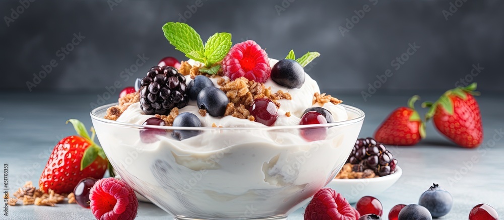 Clean eating concept of weight loss through a yogurt bowl with granola and berries on concrete