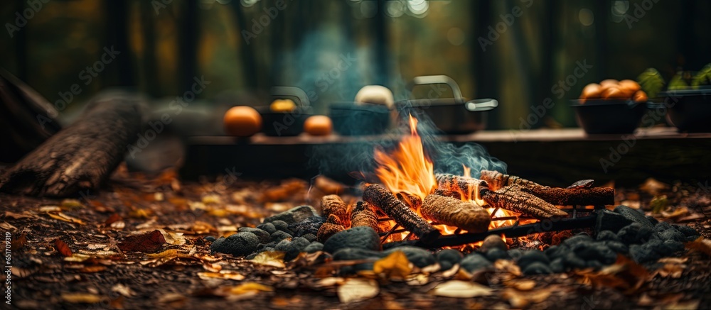 Autumn camping with campfire cooked food near a forest