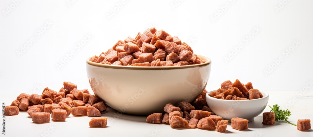 Organic dog food with dog paws on a white background ready to eat