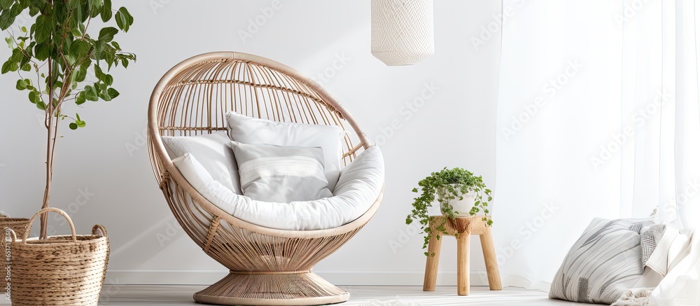 Bohemian living room with fresh furniture textiles and decor Magazine on white plaid chair for relaxation and recreation Weekend leisure at home