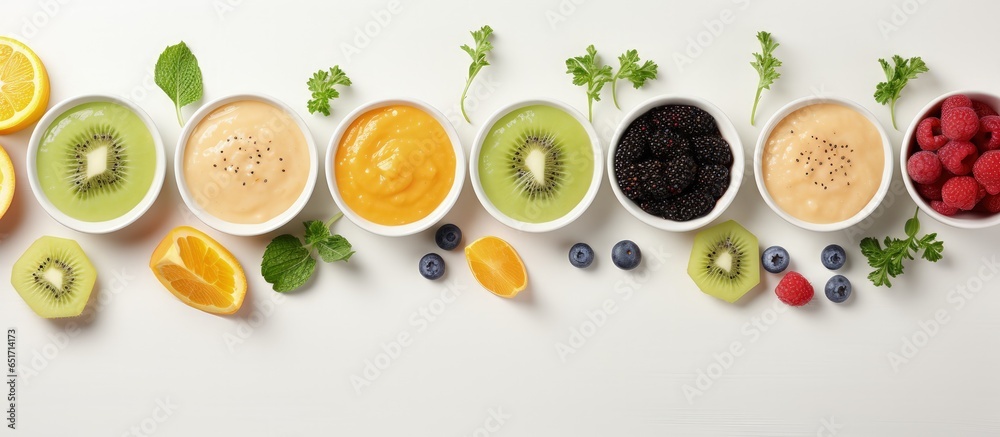 Overhead perspective of nutritious baby food on textured table