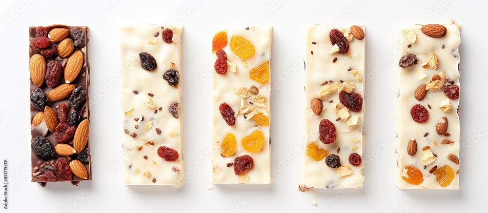 Top down view of handmade chocolate bars with dried fruit toppings