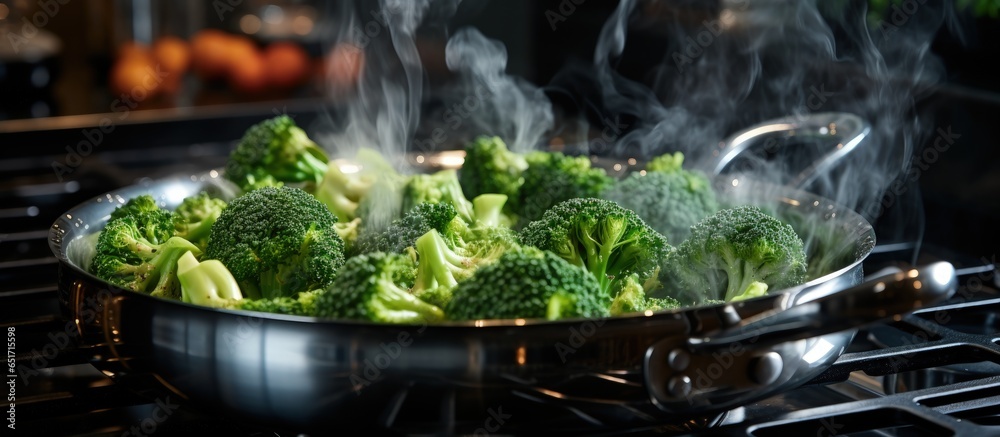 Preparing a healthy vegetable meal cooking broccoli in a stainless steel pot