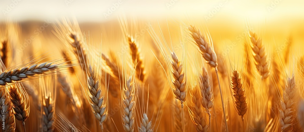 Golden wheat ears in a beautiful rural sunset landscape under shining sunlight showcase the rich harvest concept