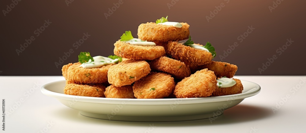 Vegetarian nuggets with vegan sauce rocket leaves on a light backdrop Healthy diet protein from plant based alternatives