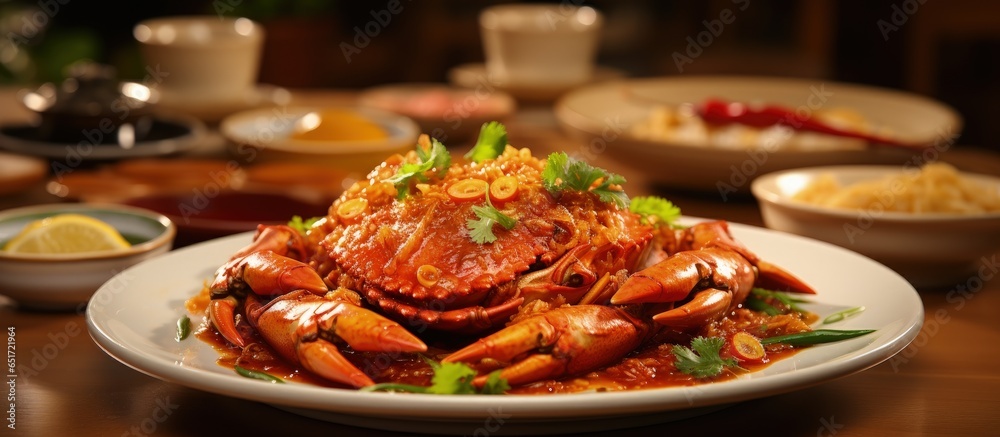 Chilli crab on white plate in restaurant with other dishes