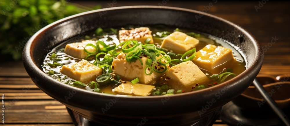 Vegetarian Asian soup with enoki mushrooms seaweed tofu