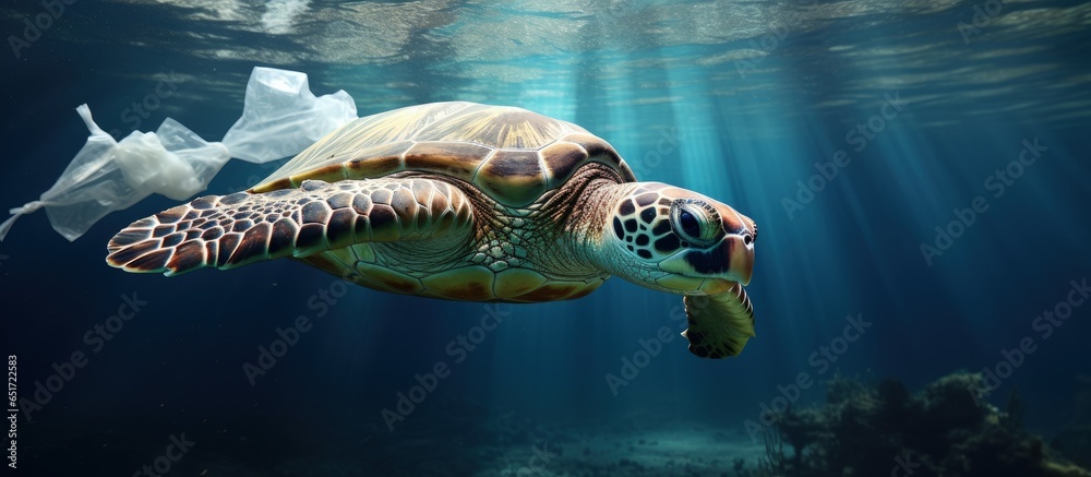 Turtle consuming plastic in water causes pollution