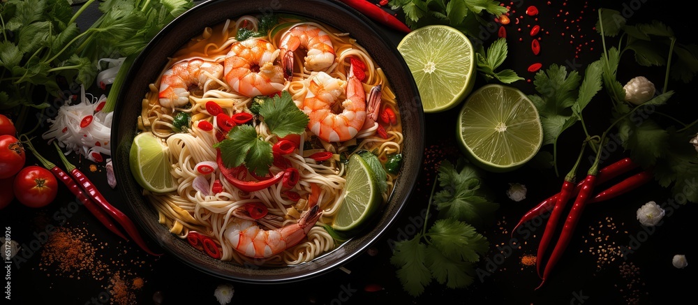 Trendy photo of Thai soup with flying ingredients on a dark background